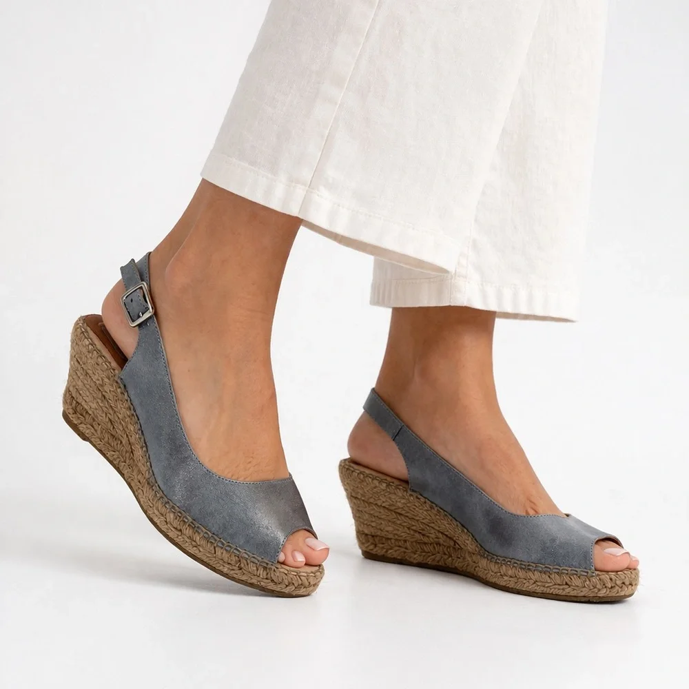 Kanna Metallic Silver Espadrille Wedge Slingback Peep Toe Sandal Summer Chic - Picture 2 of 16